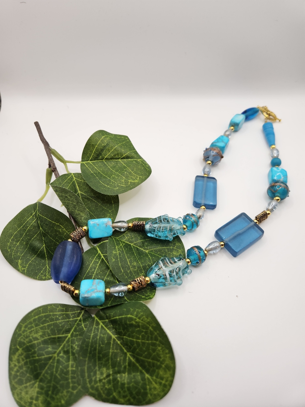 Turquoise & Aqua Mixed-Bead Necklace with Gold Accents